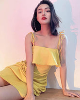 Silk Mini Dress with Ruffled Bodice and Adjustable Tie-Strap Shoulders